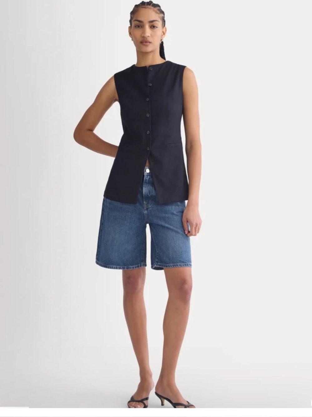 Everlane Dark Blue High-Rise Long Jean Shorts